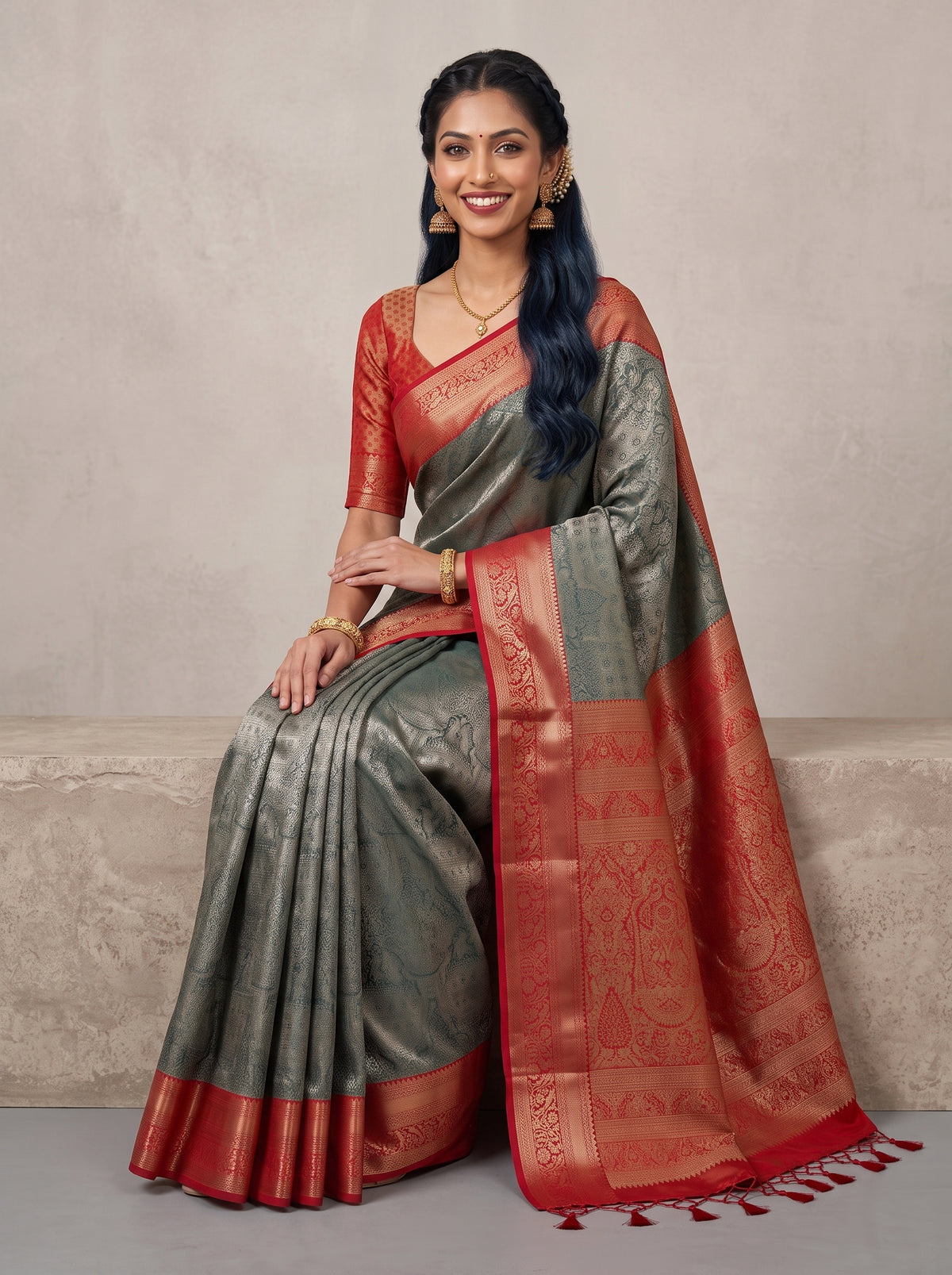 MIMOSA Green Kanjivaram Art Silk Saree — pose 8 styling detail
