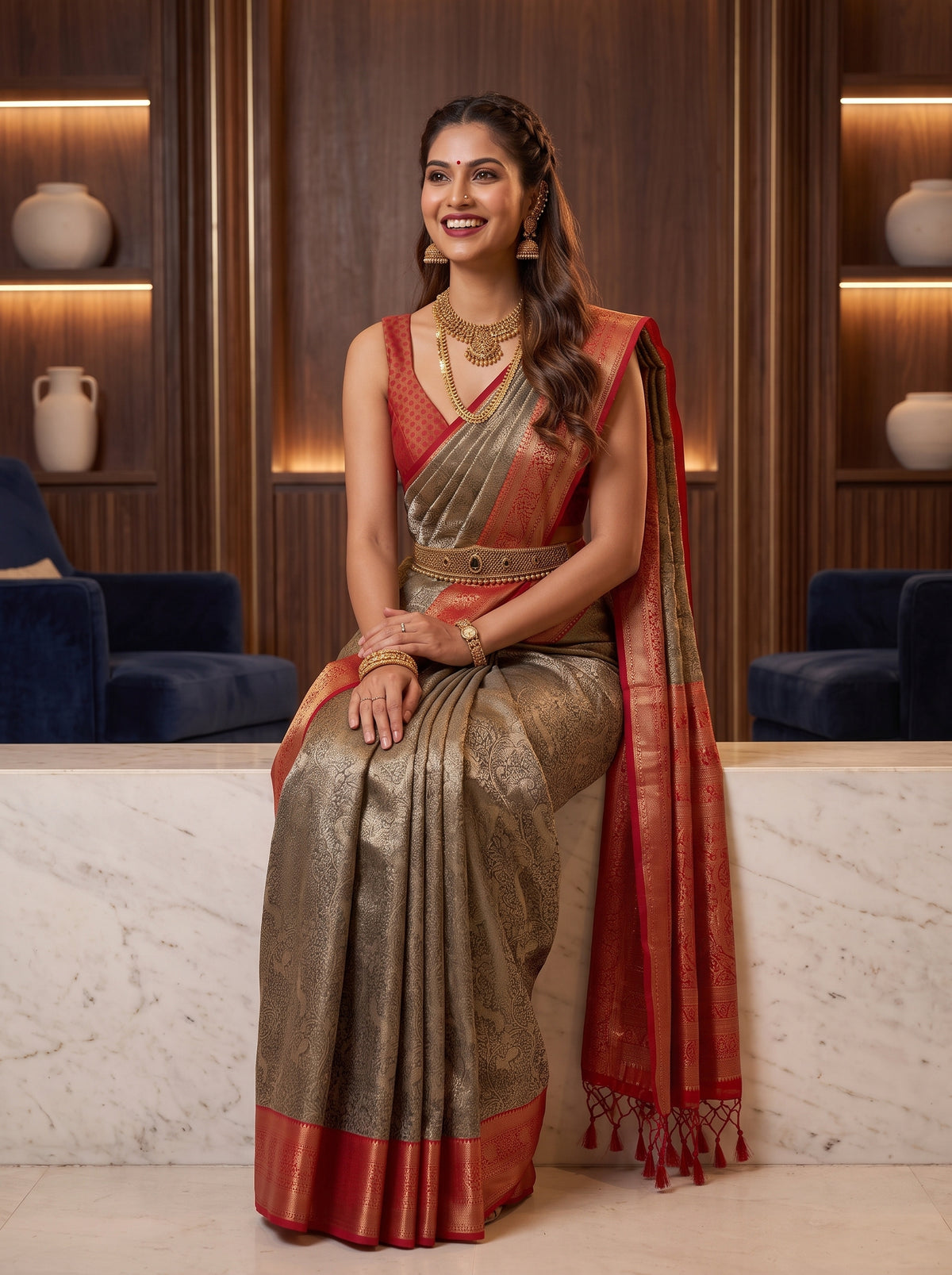 MIMOSA Chocolate Kanjivaram Saree — pose 8 styling detail
