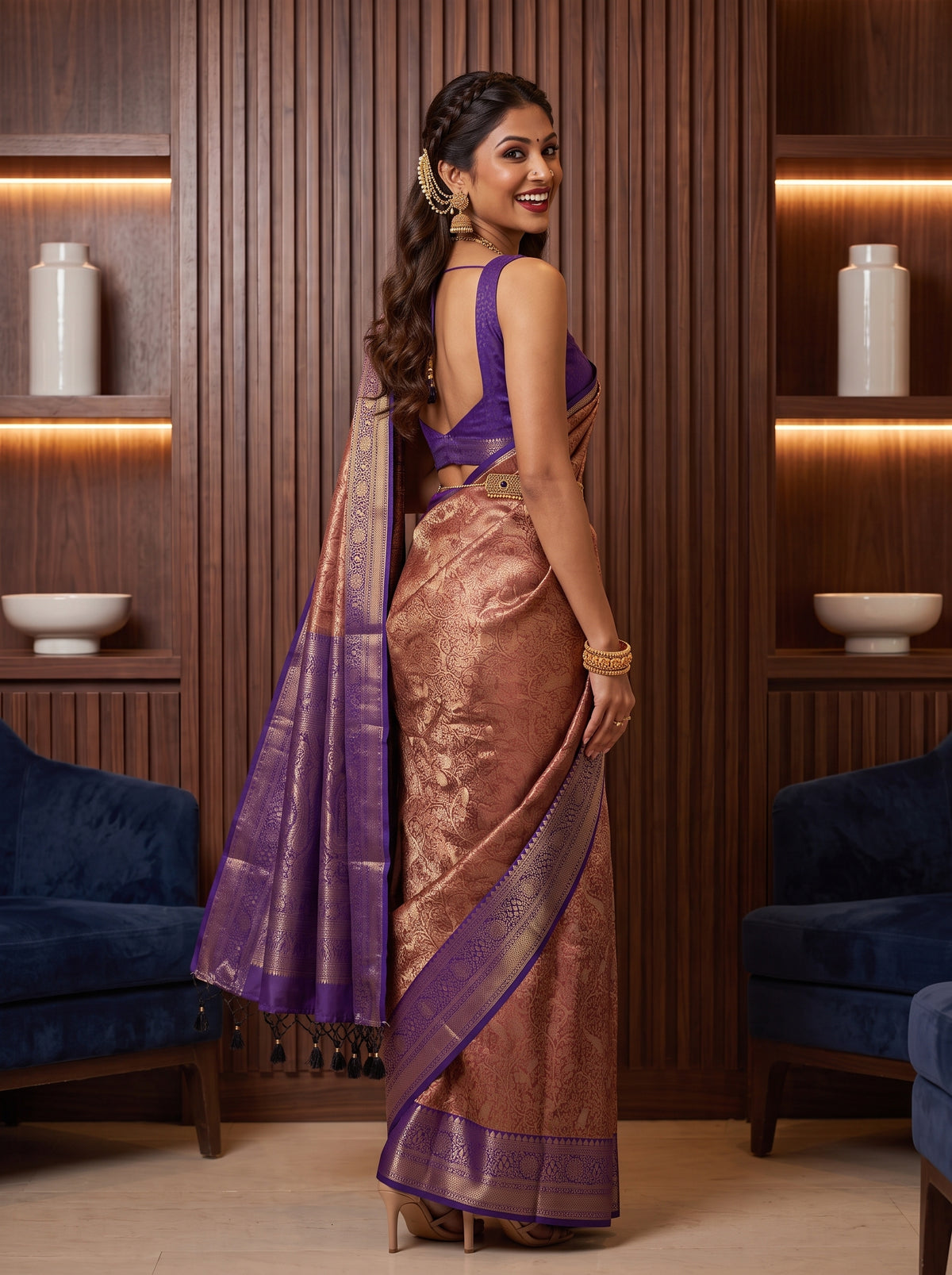 MIMOSA Maroon Kanjivaram Saree — pose 5 styling detail