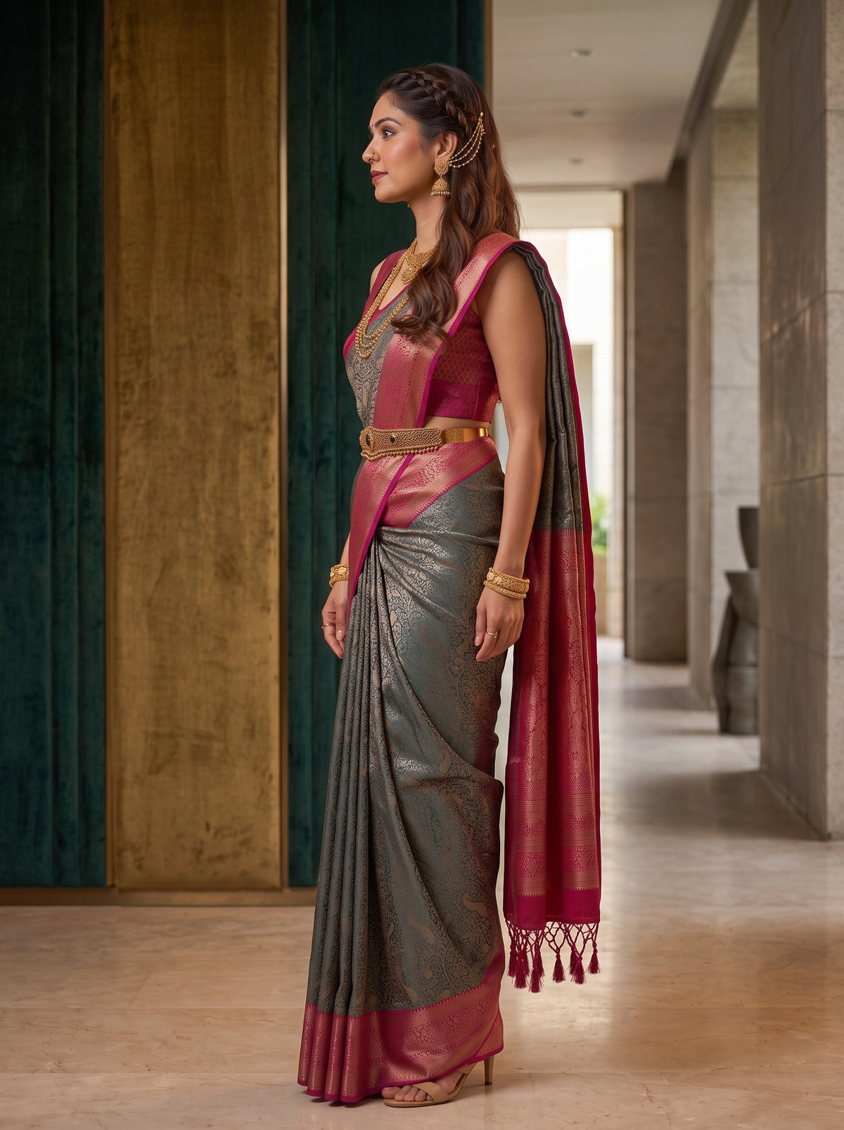 MIMOSA Navy Kanjivaram Saree — pose 3 styling detail