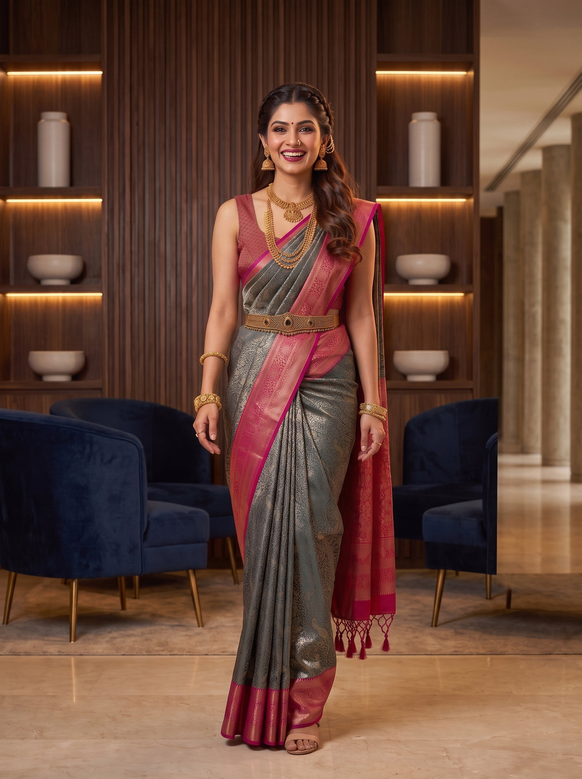 MIMOSA Navy Kanjivaram Saree — pose 6 styling detail