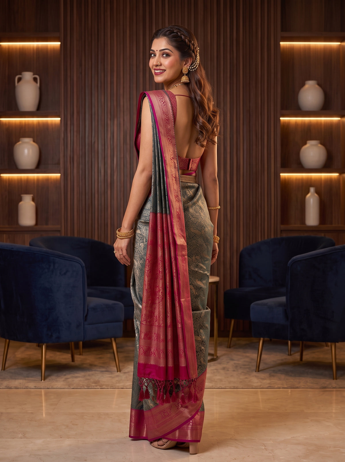 MIMOSA Navy Kanjivaram Saree — pose 7 styling detail
