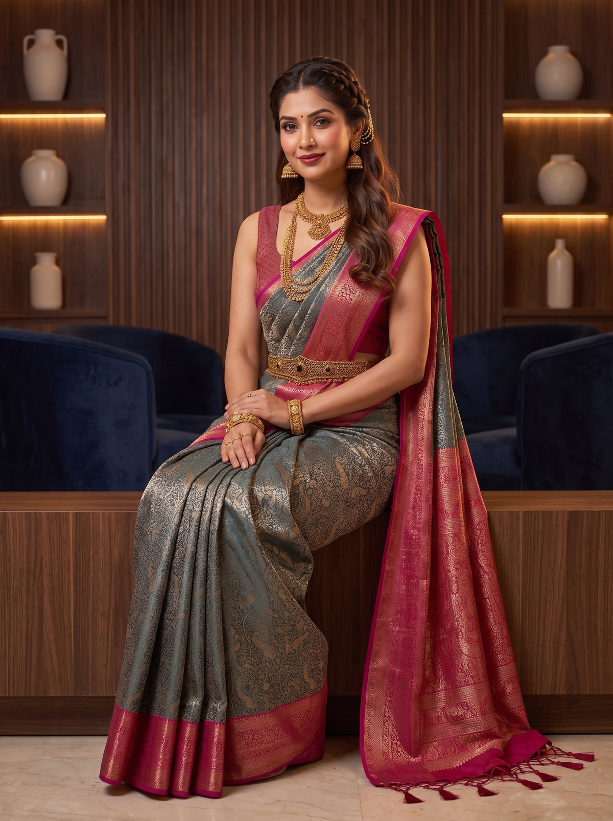 MIMOSA Navy Kanjivaram Saree — pose 8 styling detail