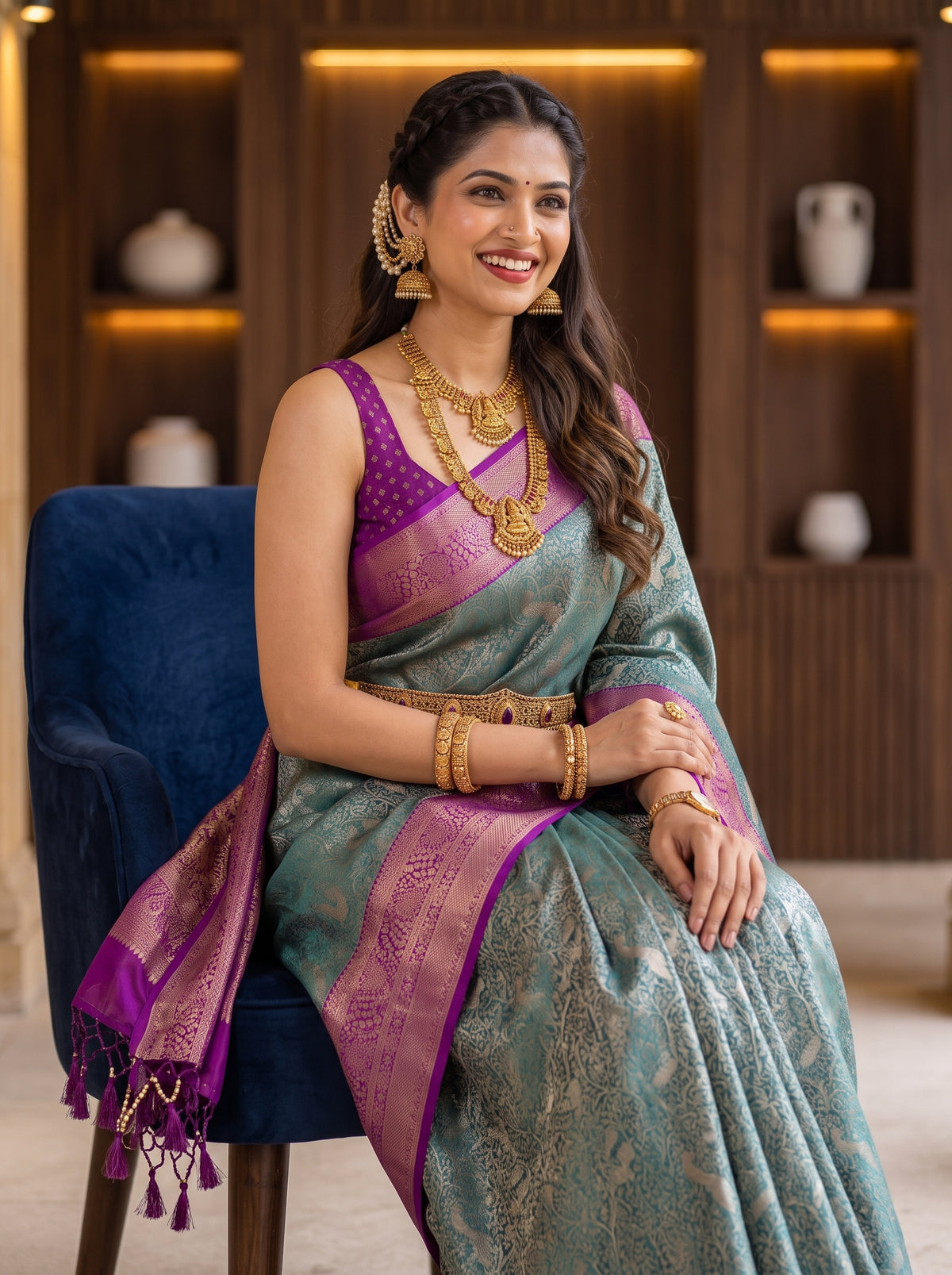 MIMOSA Sapphire Kanjivaram Saree — pose 10 styling detail
