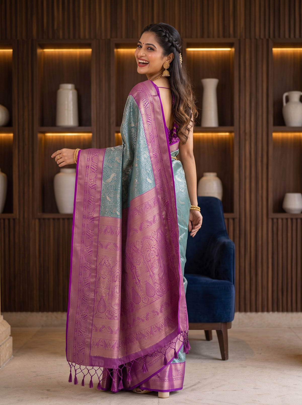MIMOSA Sapphire Kanjivaram Saree — pose 5 styling detail