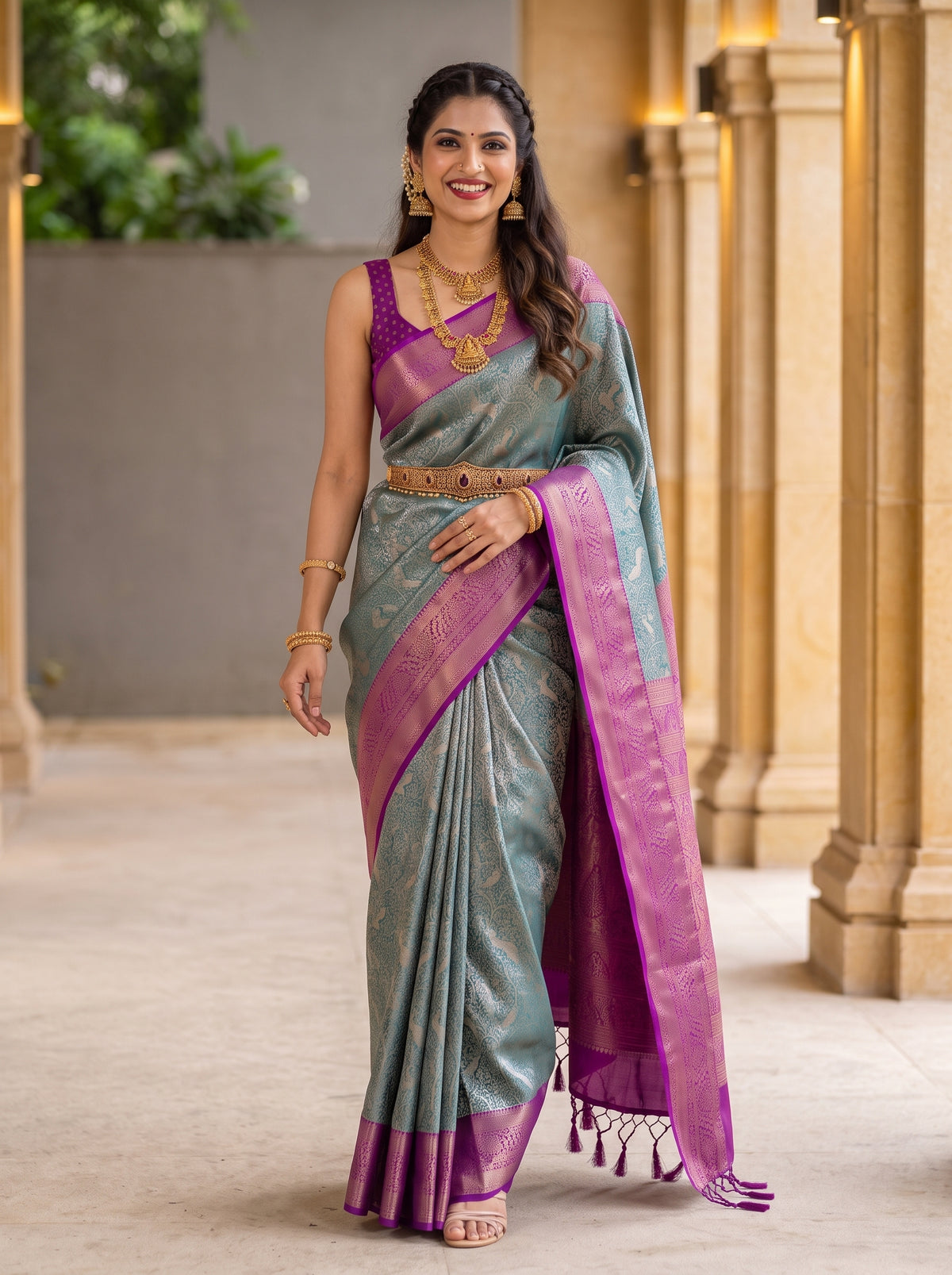 MIMOSA Sapphire Kanjivaram Saree — pose 6 styling detail