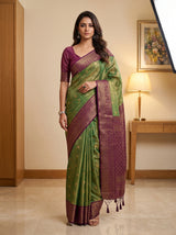 MIMOSA Green Kanjivaram Saree — front view on mannequin