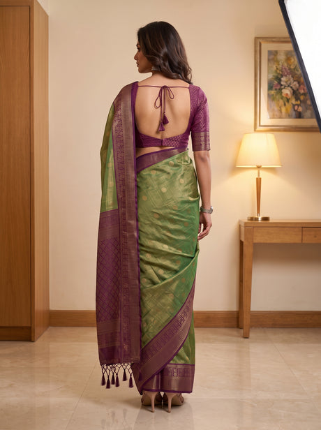 MIMOSA Green Kanjivaram Saree — pose 2 styling detail