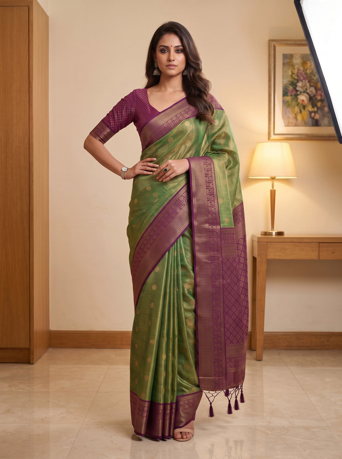 MIMOSA Green Kanjivaram Saree — pose 4 styling detail
