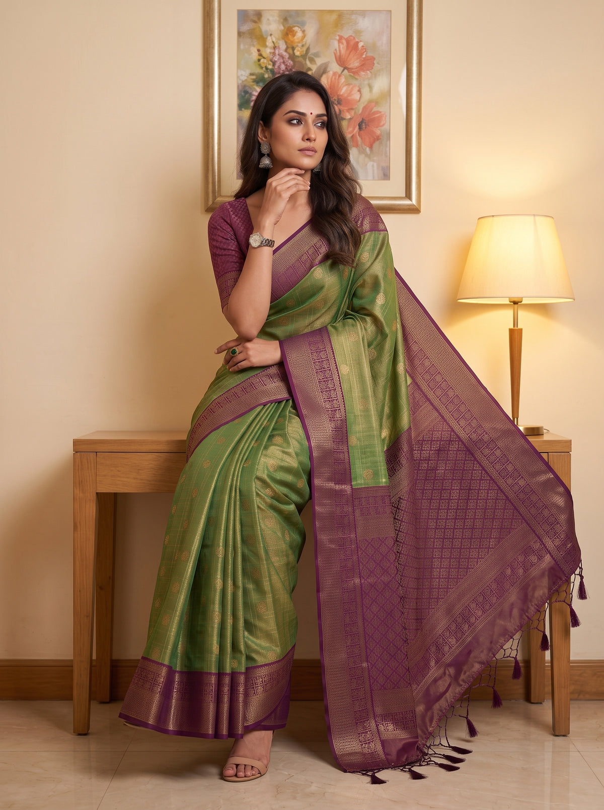 MIMOSA Green Kanjivaram Saree — pose 8 styling detail