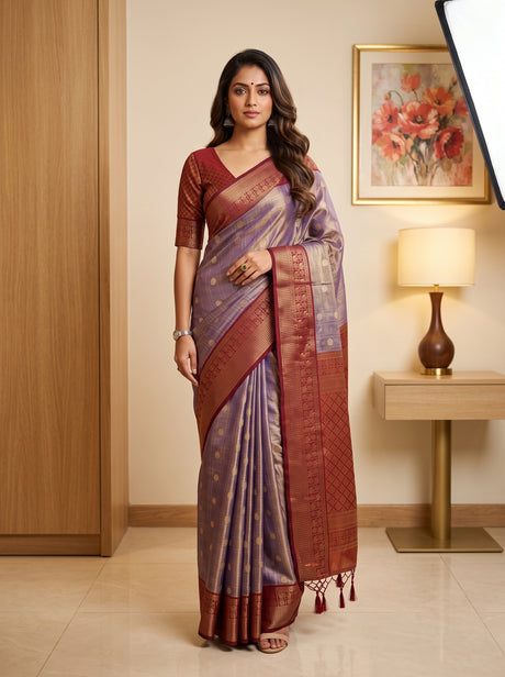 MIMOSA Jamun Kanjivaram Saree — front view on mannequin