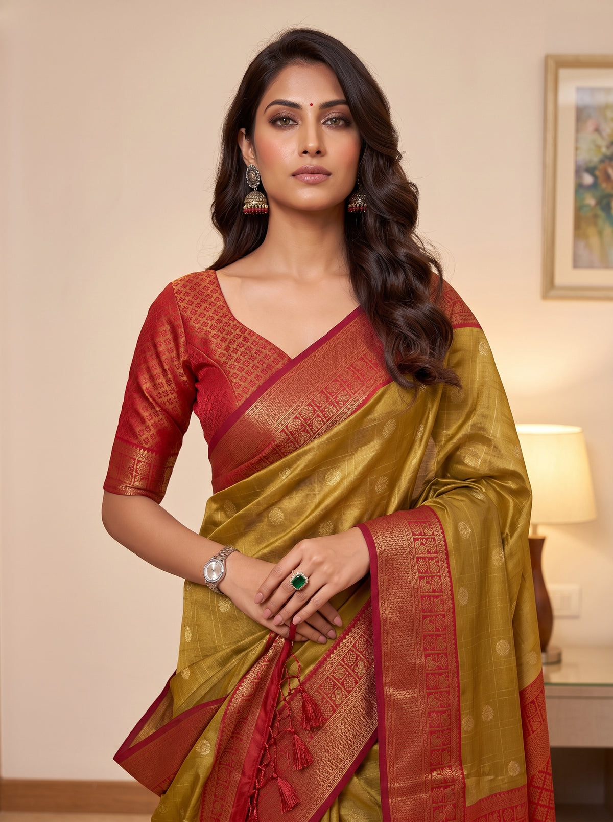 MIMOSA Mustard Kanjivaram Saree — pose 10 styling detail