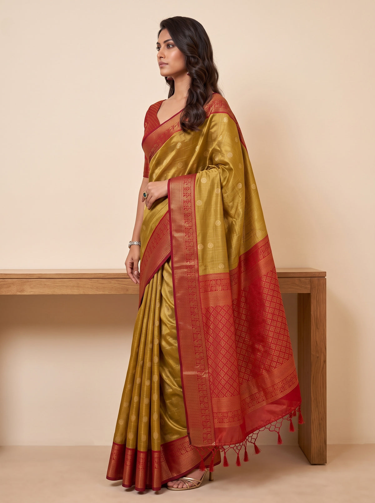 MIMOSA Mustard Kanjivaram Saree — pose 3 styling detail