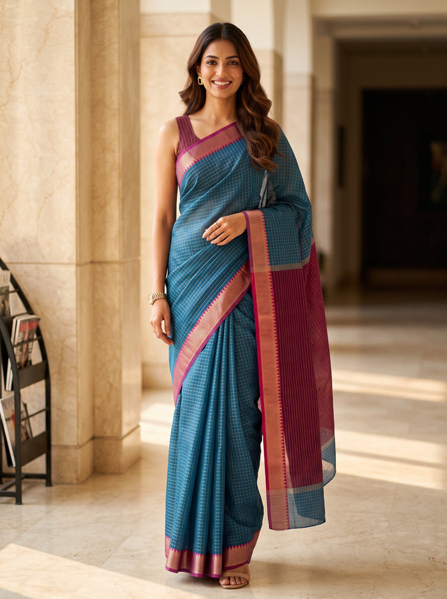 MIMOSA Ananda Maheshwari Cotton Saree — front view on mannequin