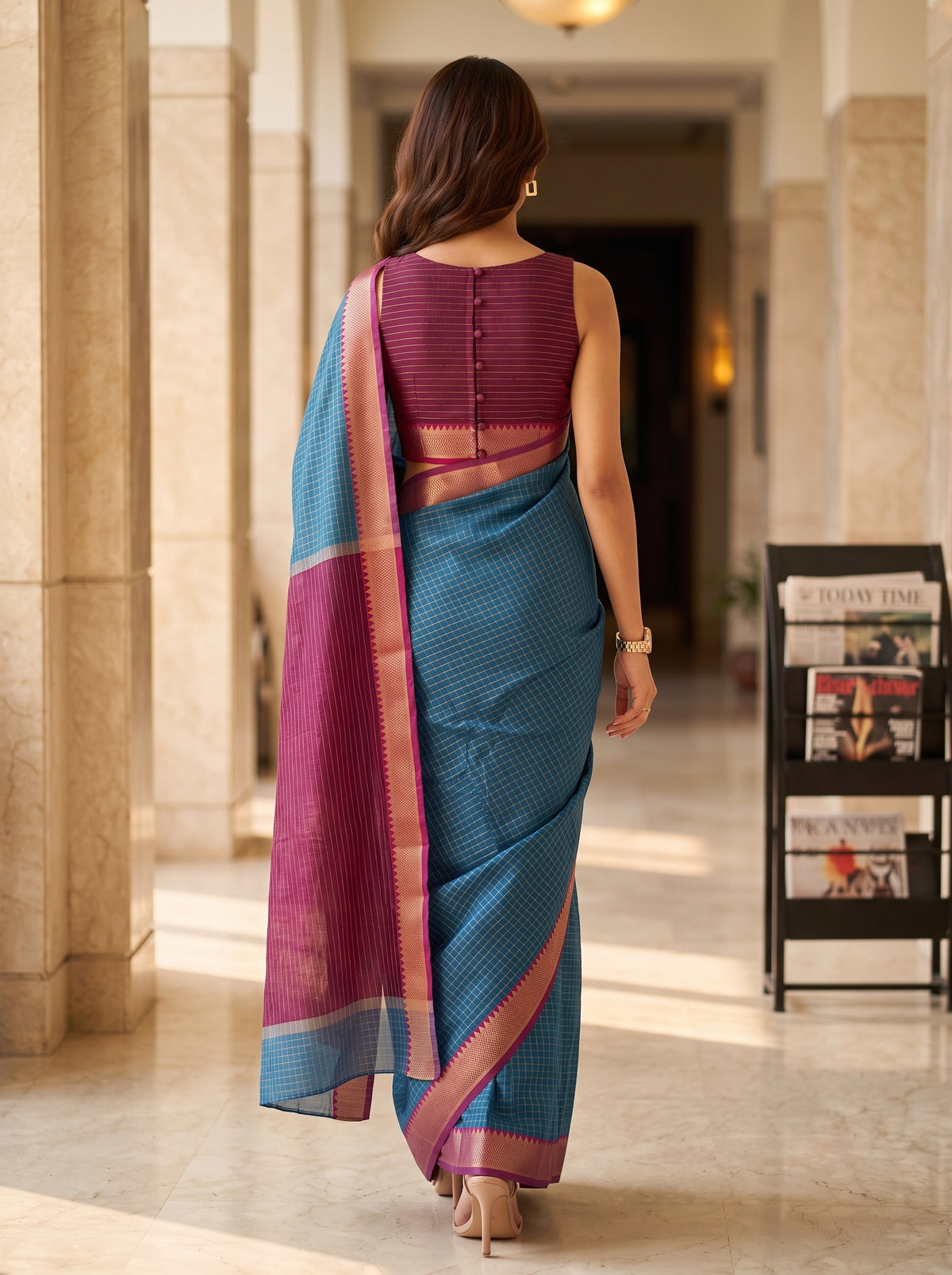 MIMOSA Ananda Maheshwari Cotton Saree — pose 2 styling detail