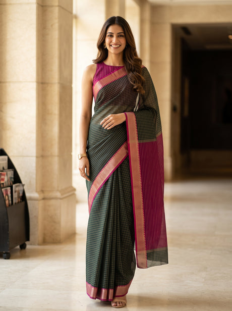 MIMOSA Bottle Green Maheshwari Cotton Saree — front view on mannequin