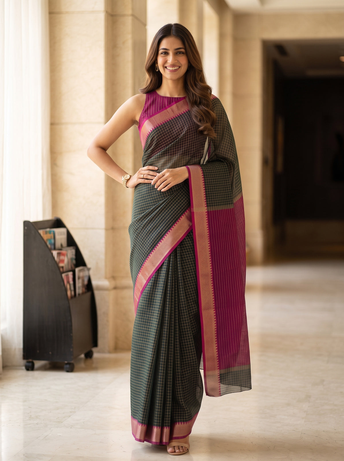 MIMOSA Bottle Green Maheshwari Cotton Saree — pose 4 styling detail