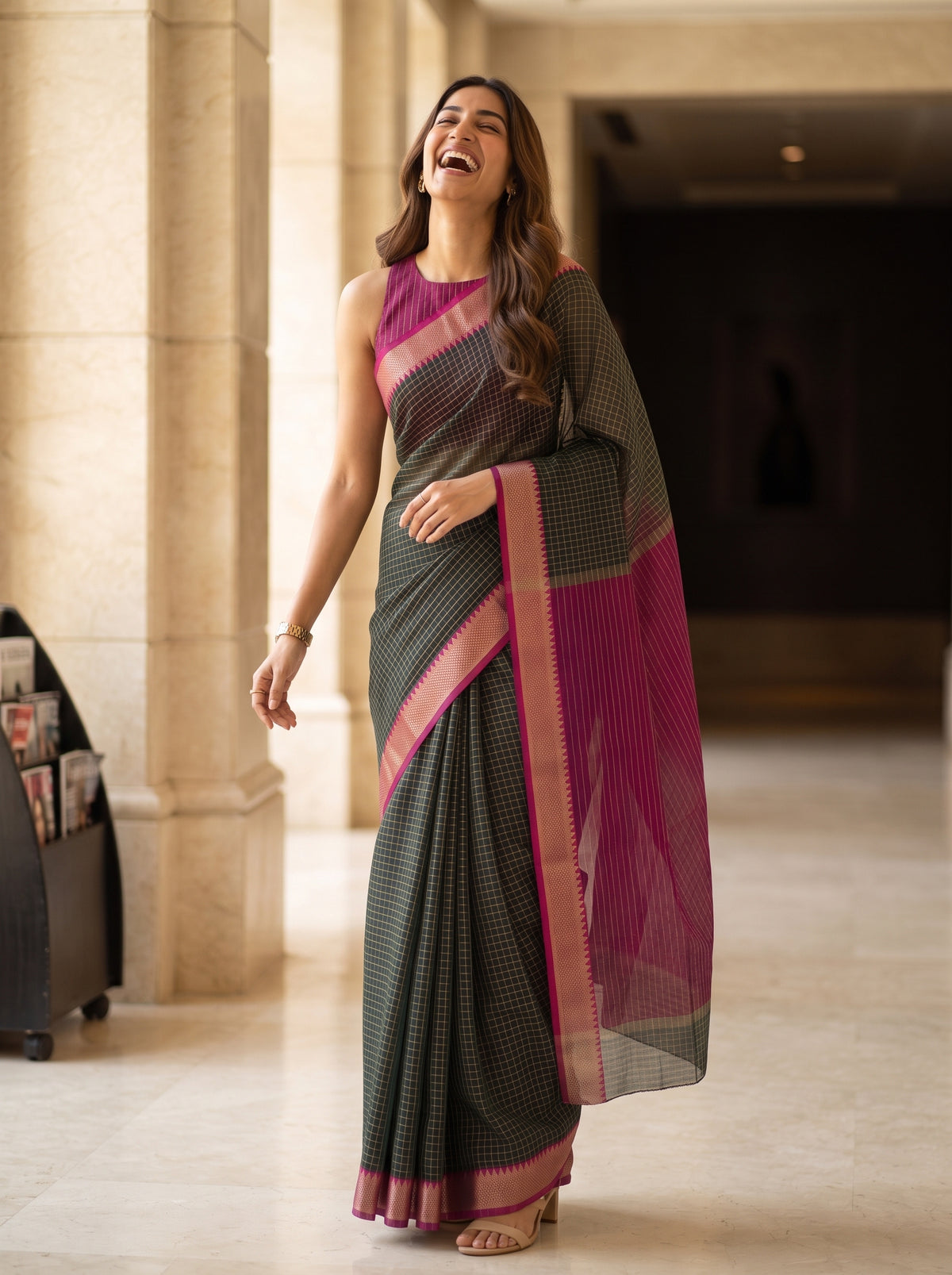 MIMOSA Bottle Green Maheshwari Cotton Saree — pose 5 styling detail