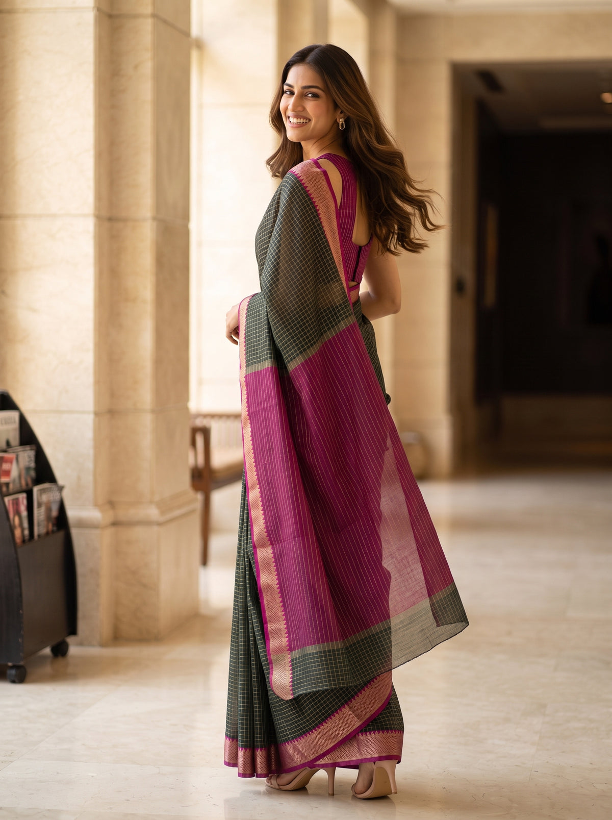 MIMOSA Bottle Green Maheshwari Cotton Saree — pose 9 styling detail