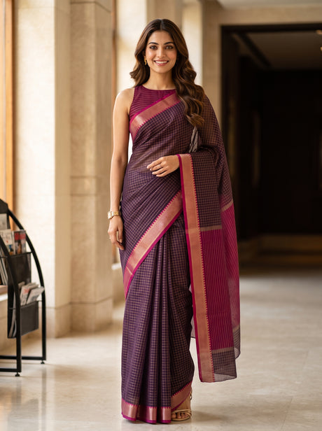 MIMOSA Chocolate Maheshwari Cotton Saree — front view on mannequin