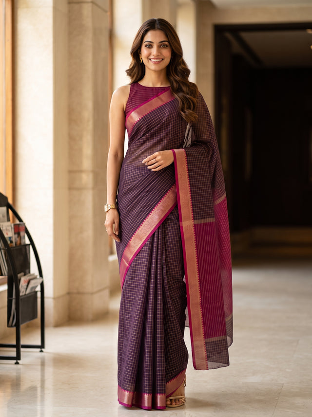 MIMOSA Chocolate Maheshwari Cotton Saree — front view on mannequin