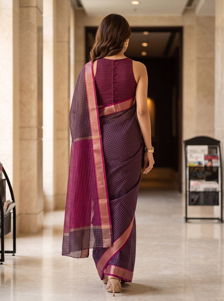 MIMOSA Chocolate Maheshwari Cotton Saree — pose 2 styling detail
