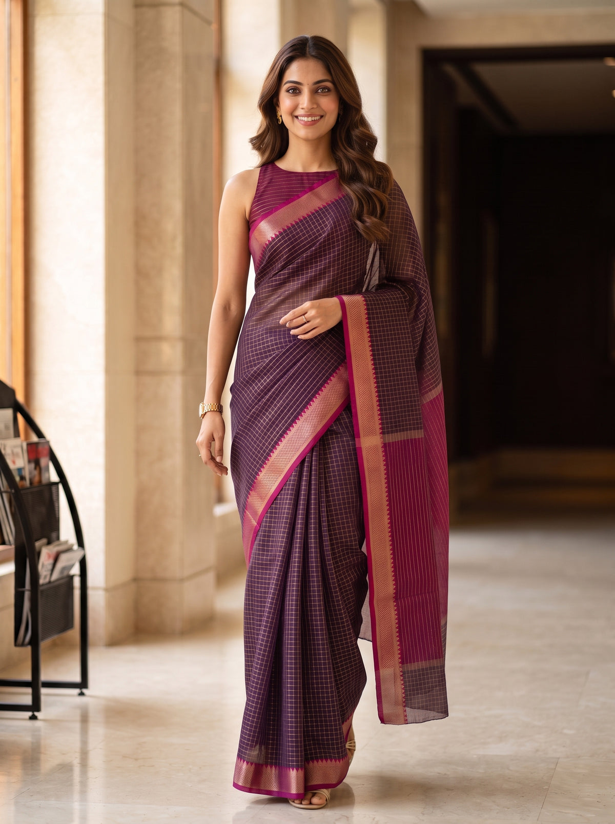 MIMOSA Chocolate Maheshwari Cotton Saree — pose 6 styling detail