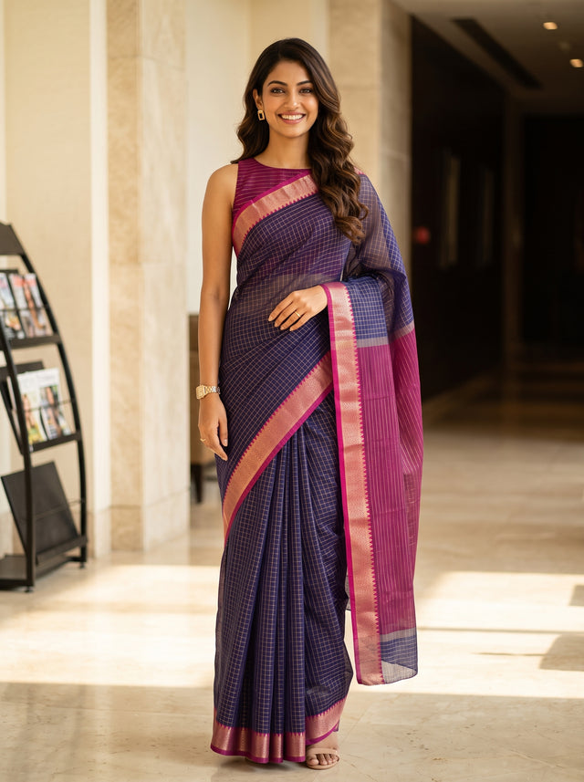 MIMOSA Jamun Maheshwari Cotton Saree — front view on mannequin