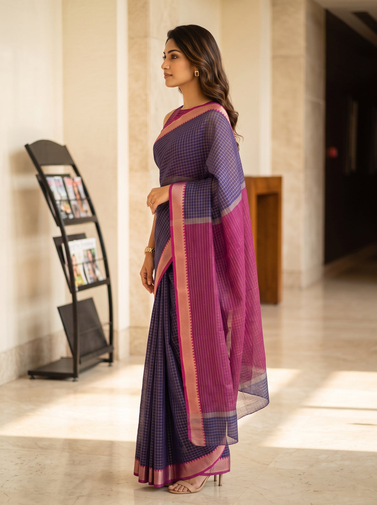 MIMOSA Jamun Maheshwari Cotton Saree — pose 3 styling detail