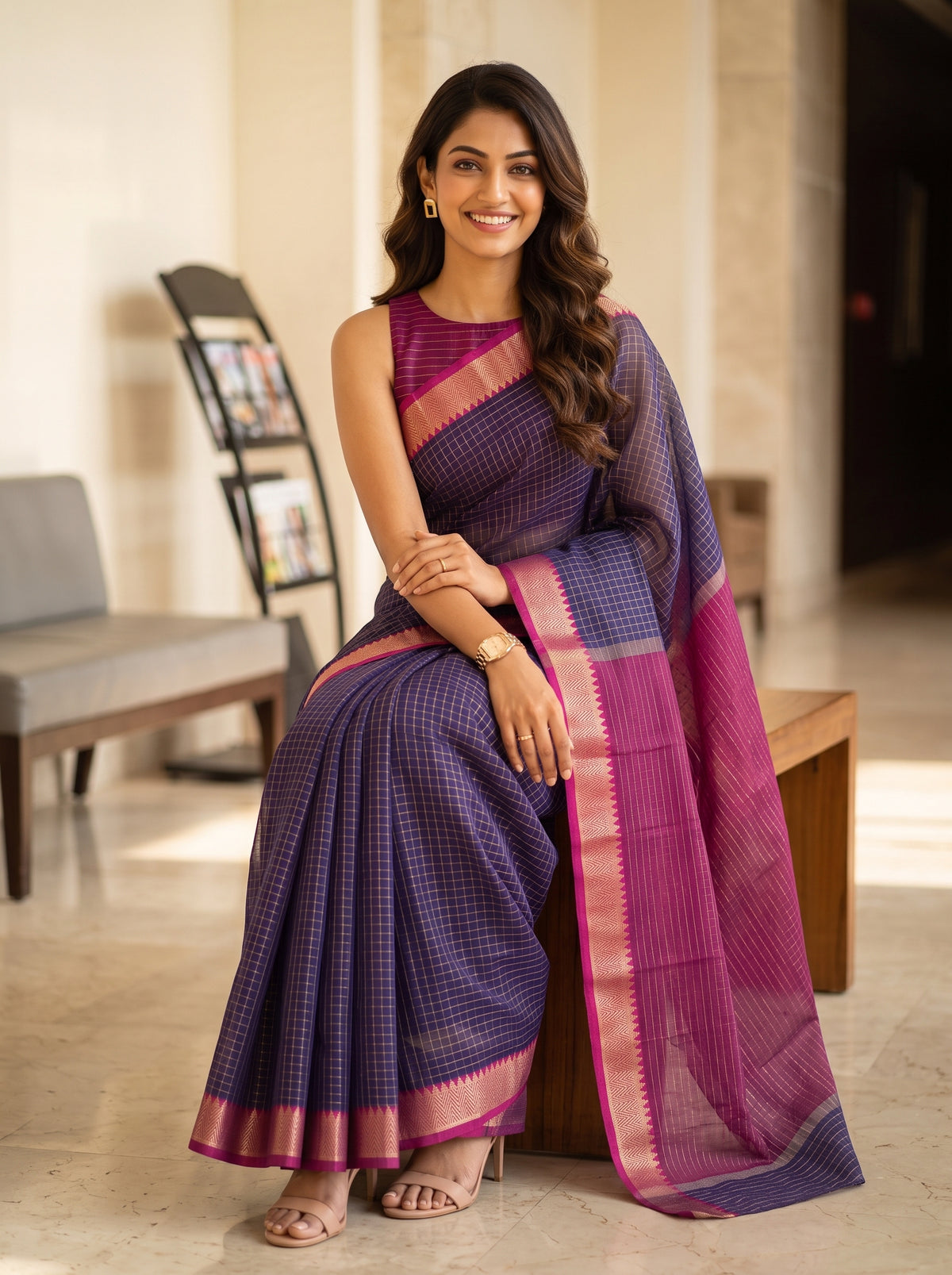 MIMOSA Jamun Maheshwari Cotton Saree — pose 8 styling detail