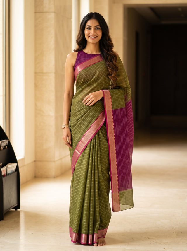 MIMOSA Olive Maheshwari Cotton Saree — front view on mannequin