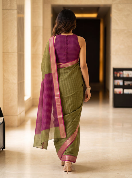 MIMOSA Olive Maheshwari Cotton Saree — pose 2 styling detail