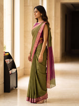 MIMOSA Olive Maheshwari Cotton Saree — pose 3 styling detail