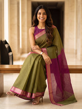 MIMOSA Olive Maheshwari Cotton Saree — pose 8 styling detail