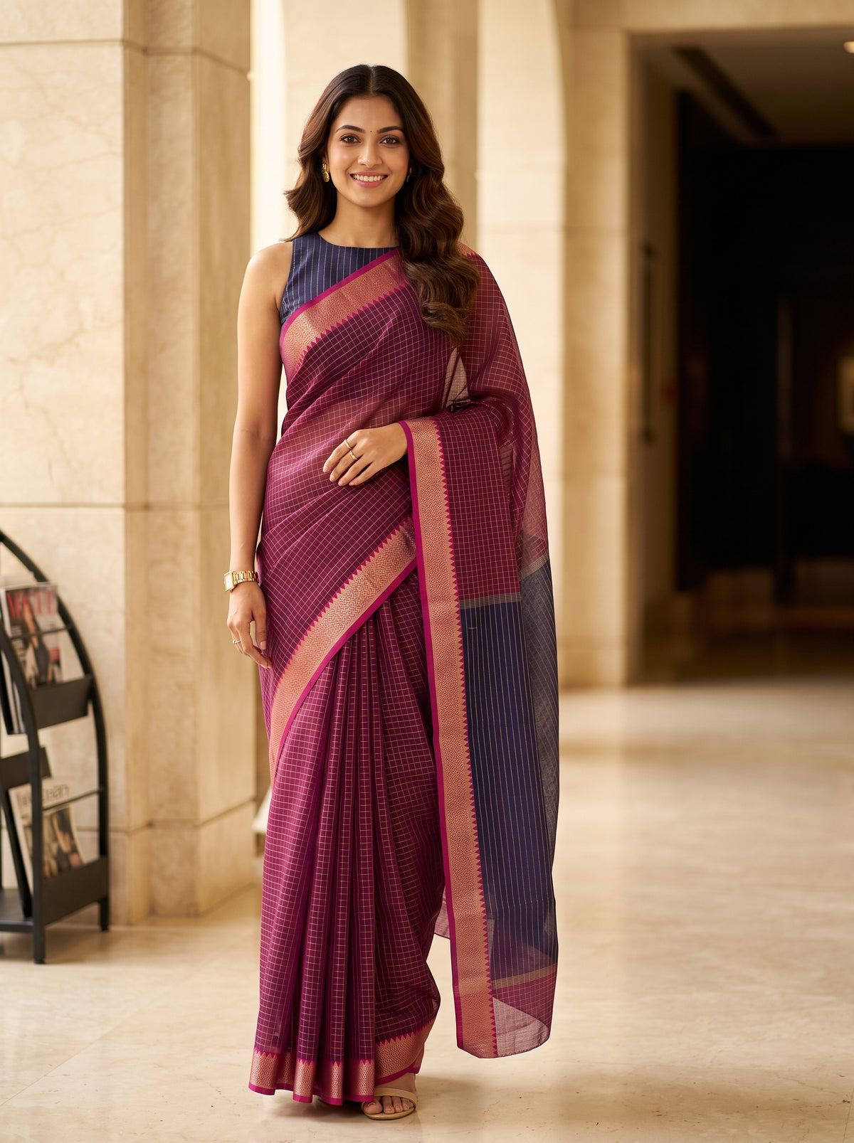 MIMOSA Rani Maheshwari Cotton Saree — front view on mannequin