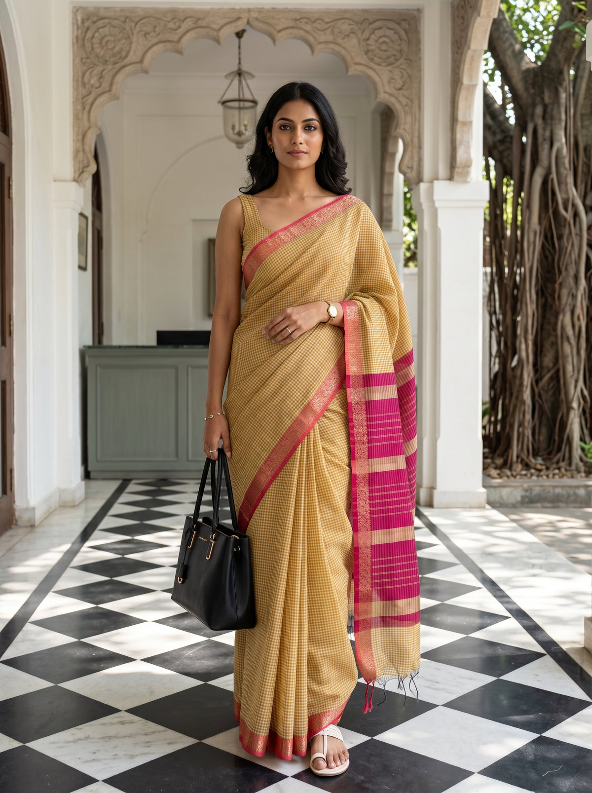 MIMOSA Gold Maheshwari Cotton Cotton Saree — AI Model lifestyle pose