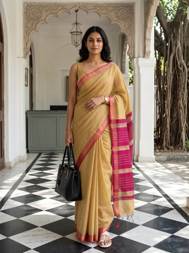 MIMOSA Gold Maheshwari Cotton Cotton Saree — AI Model lifestyle pose