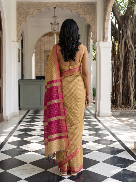 MIMOSA Gold Maheshwari Cotton Cotton Saree — pallu and body shot