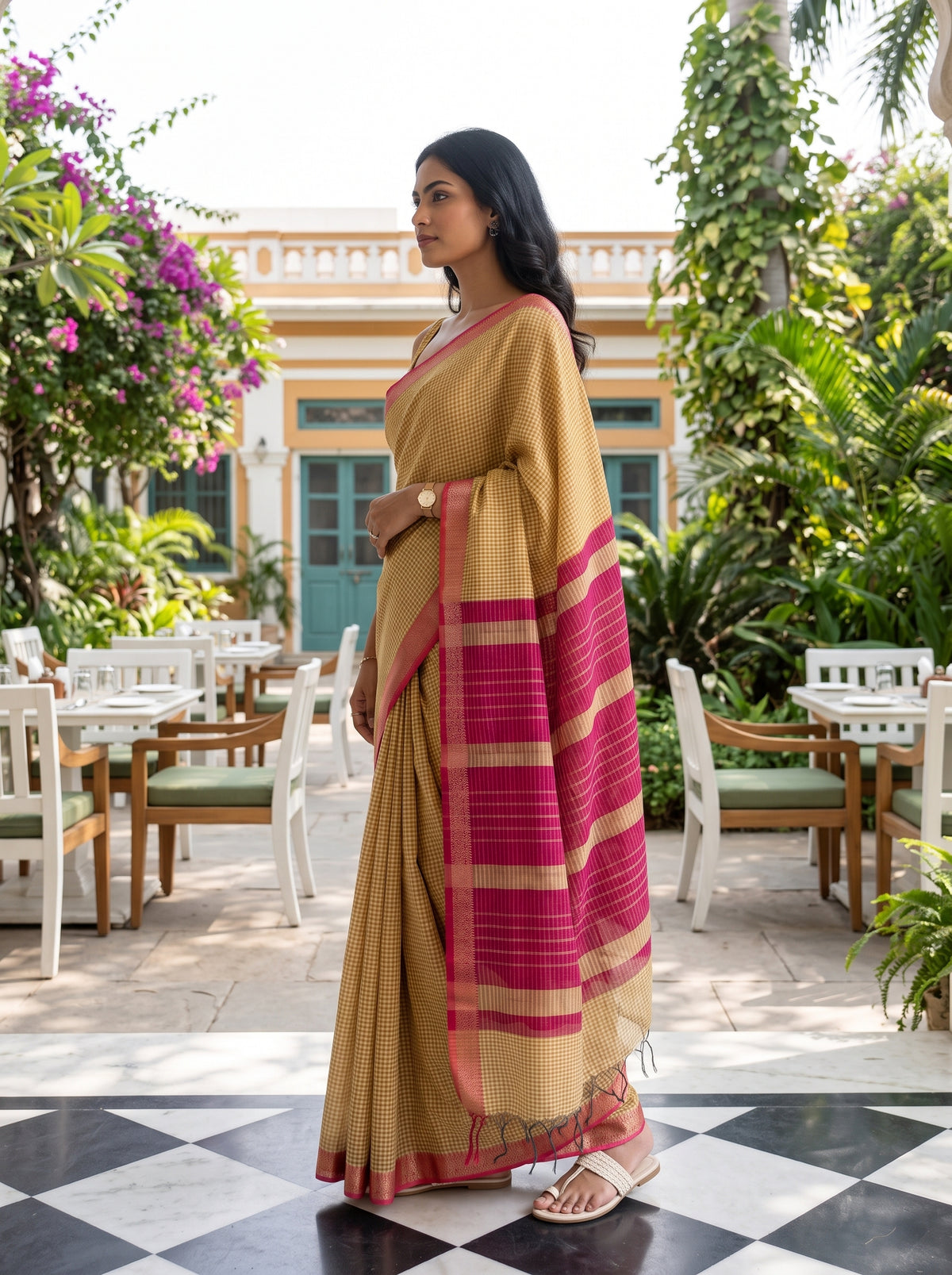 MIMOSA Gold Maheshwari Cotton Cotton Saree — pose 3 styling detail