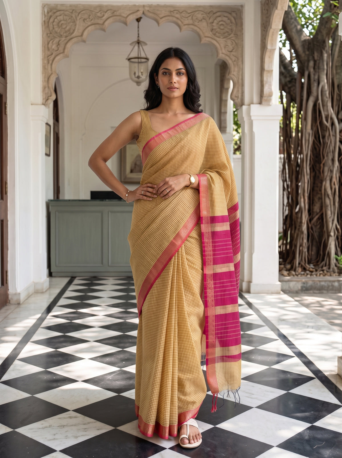 MIMOSA Gold Maheshwari Cotton Cotton Saree — pose 4 styling detail