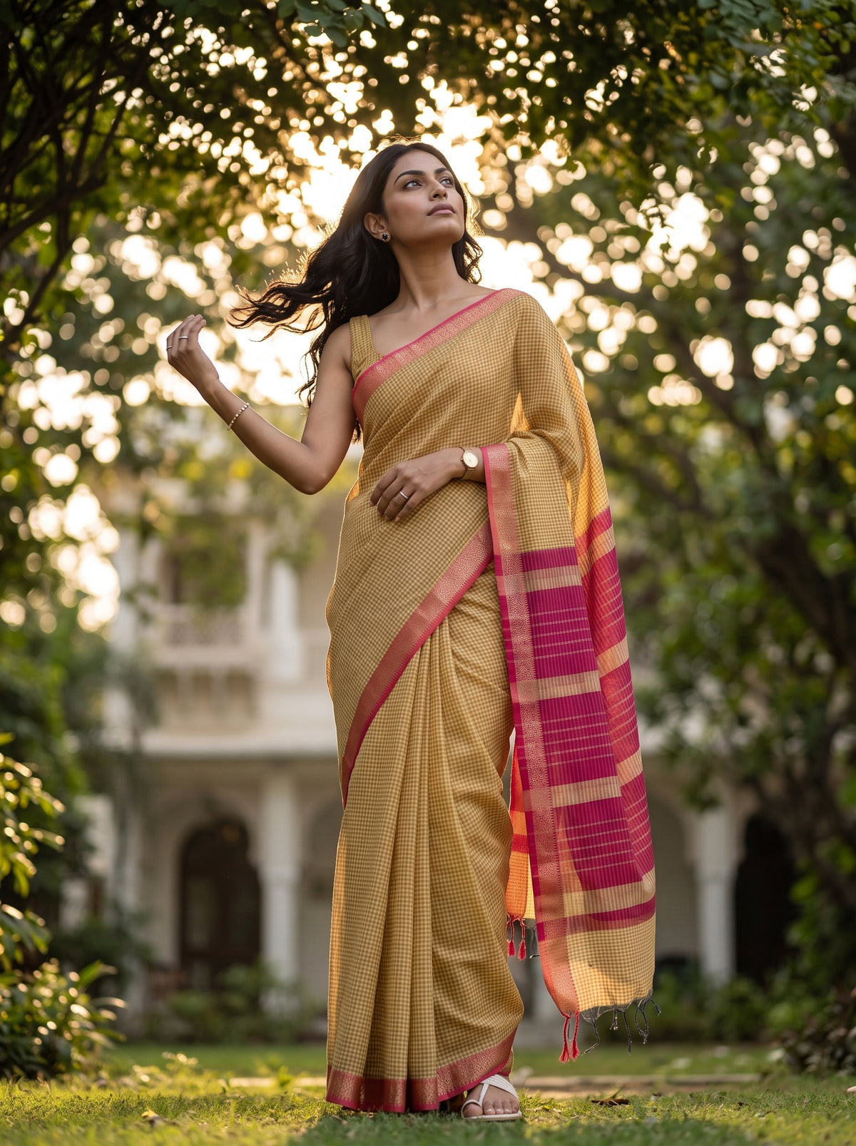 MIMOSA Gold Maheshwari Cotton Cotton Saree — pose 5 styling detail