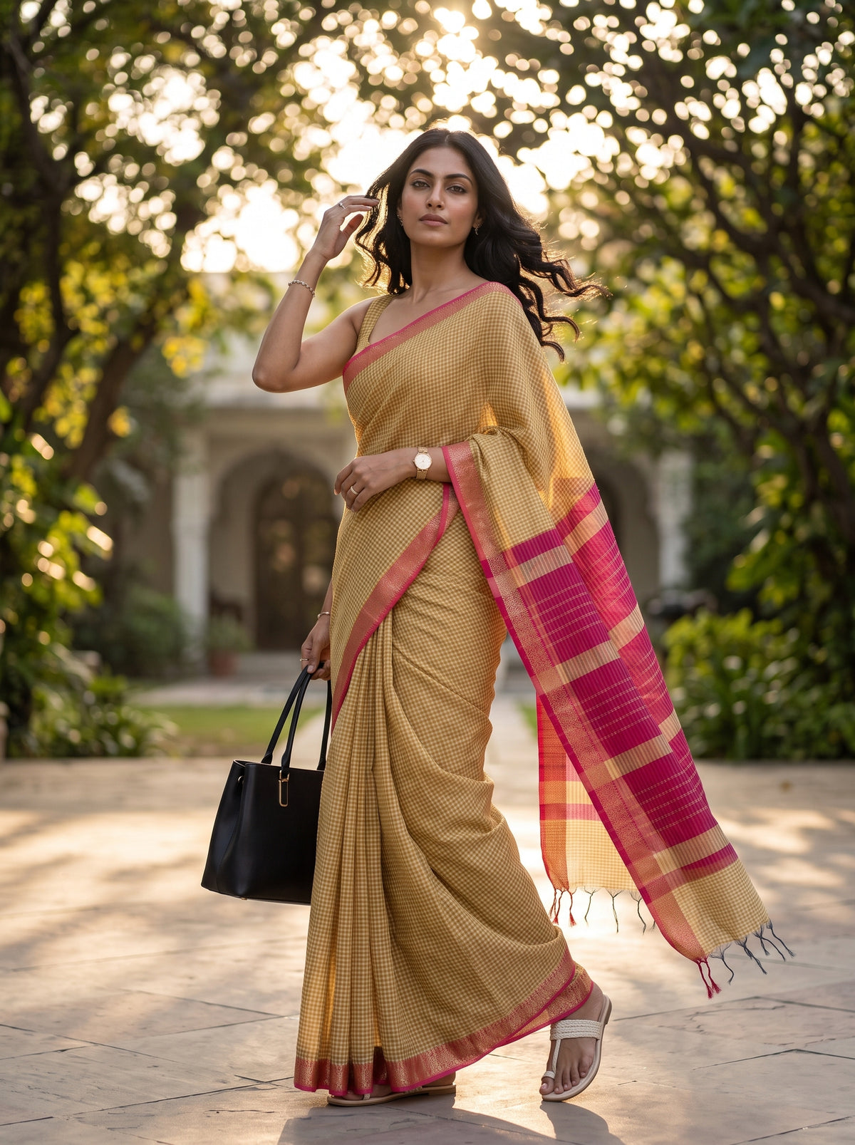 MIMOSA Gold Maheshwari Cotton Cotton Saree — pose 9 styling detail