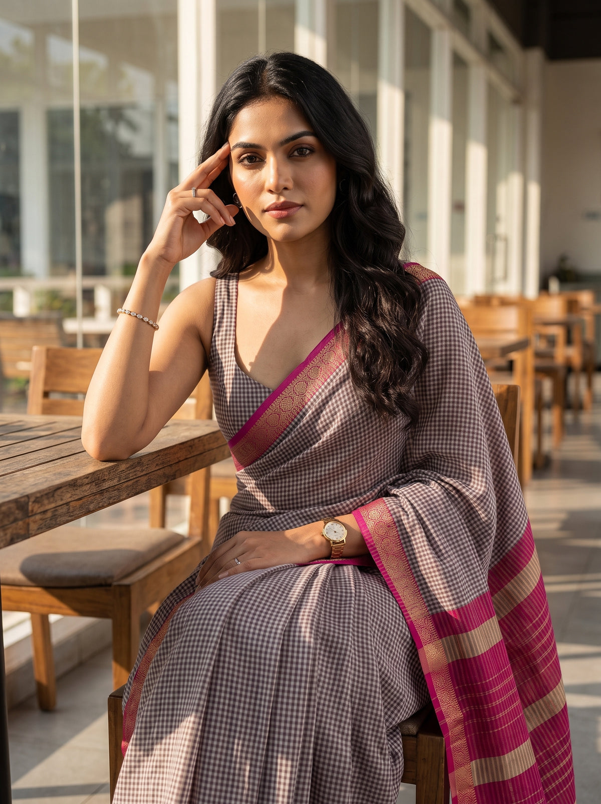 MIMOSA Maroon Maheshwari Cotton Cotton Saree — pose 10 styling detail