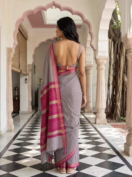 MIMOSA Maroon Maheshwari Cotton Cotton Saree — pallu and body shot