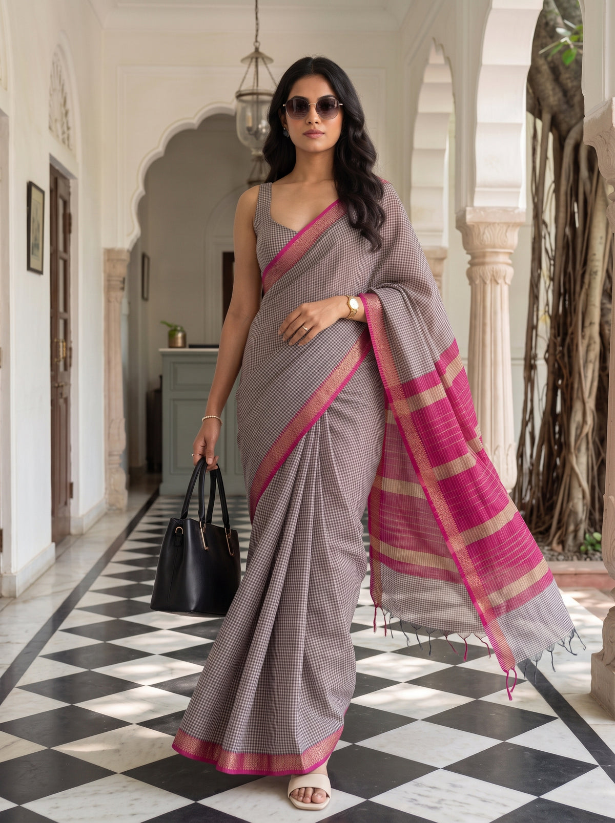 MIMOSA Maroon Maheshwari Cotton Cotton Saree — pose 6 styling detail