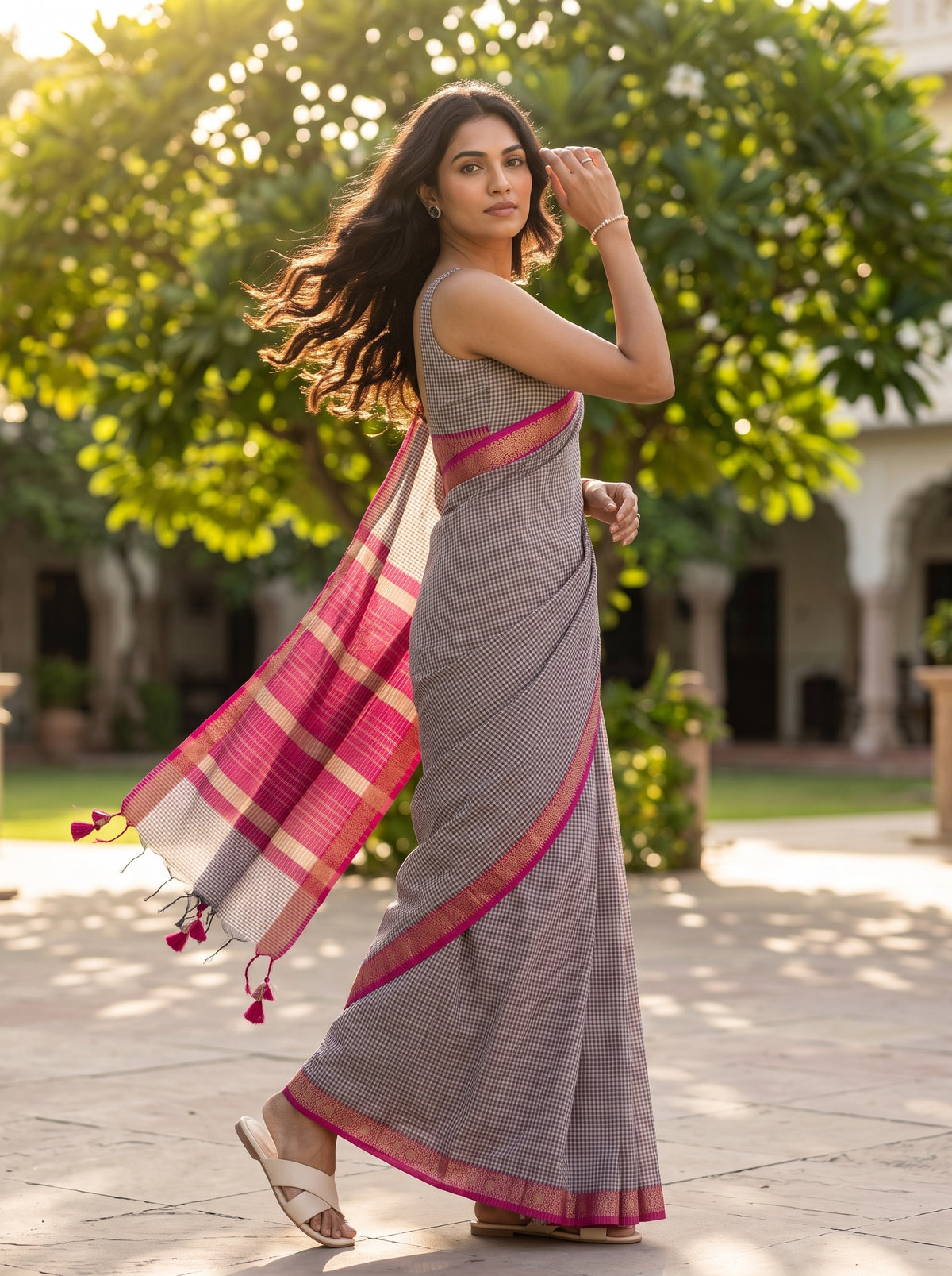 MIMOSA Maroon Maheshwari Cotton Cotton Saree — pose 9 styling detail