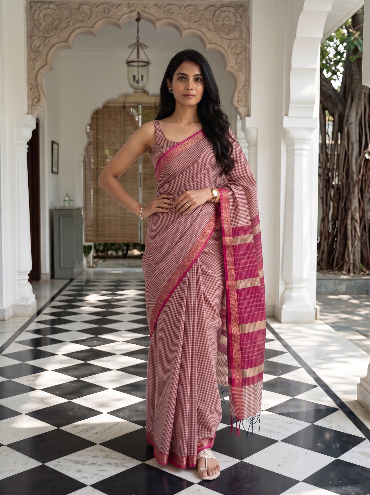 MIMOSA Orange Maheshwari Cotton Cotton Saree — pose 4 styling detail