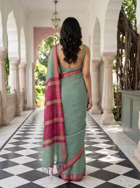 MIMOSA Rama Maheshwari Cotton Cotton Saree — pallu and body shot