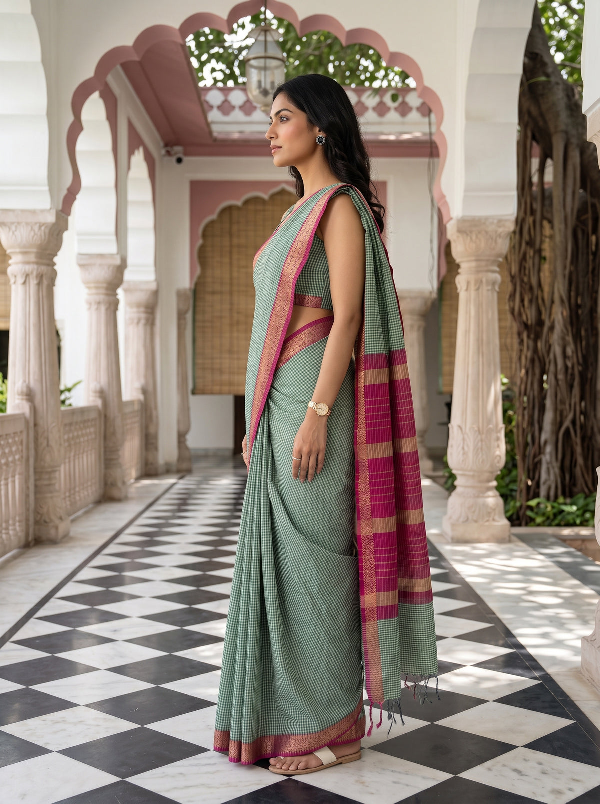 MIMOSA Rama Maheshwari Cotton Cotton Saree — pose 3 styling detail