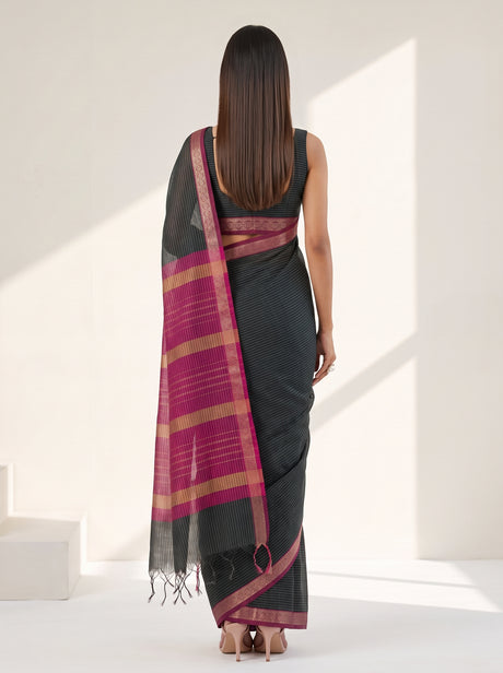 MIMOSA Black Maheshwari Cotton Cotton Saree — Saree shot pallu and body